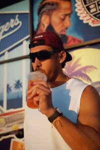 Social media influencer drinking juice